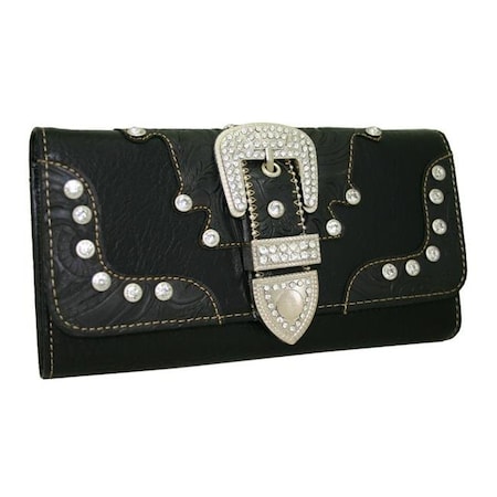 Ritz Ritz WB146-BK Western Rhinestone Bling Belt Buckle Trifold Wallet - Black WB146-BK